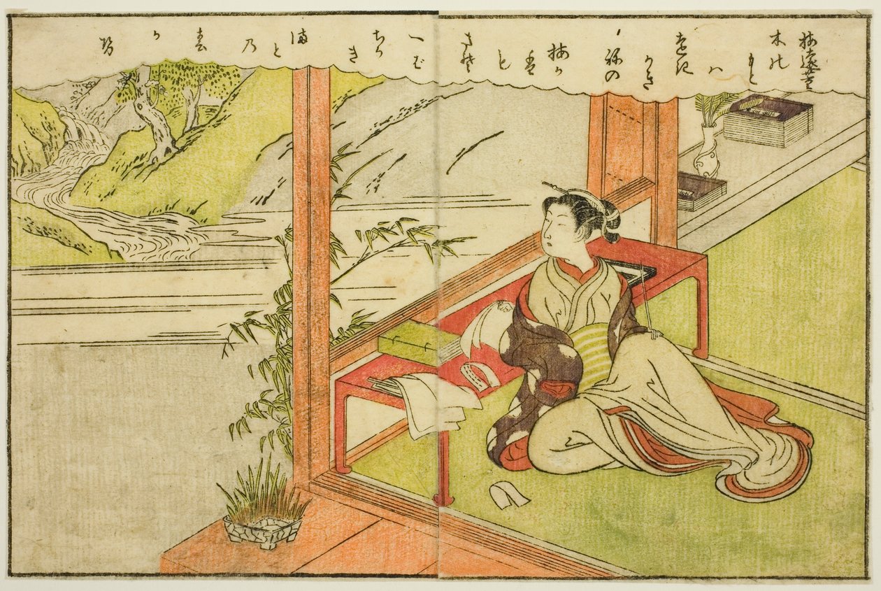 توضيح من صفحتين من المجلد. 2 من "كتاب صور الربيع البروكار (Ehon haru no nishiki)" بواسطة سوزوكي هارونوبو