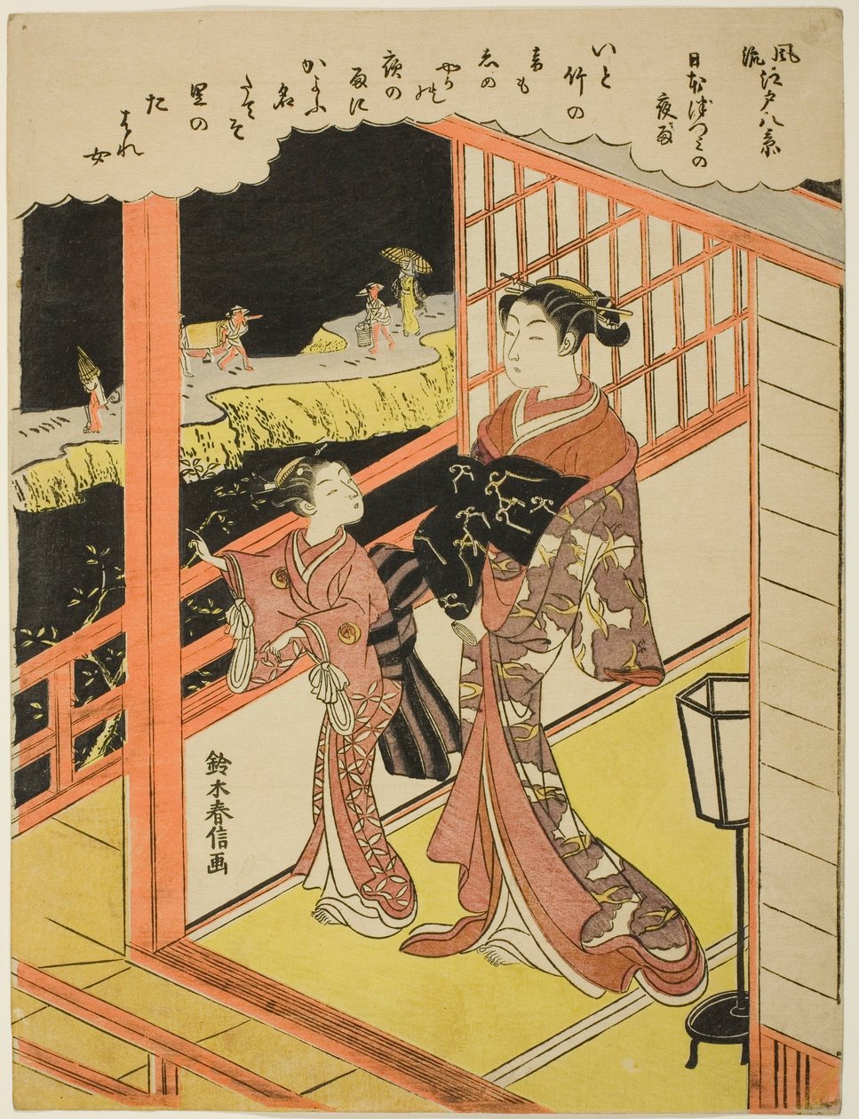 أمطار المساء في Nihonzutsumi (Nihonzutsumi no yau) ، من سلسلة "ثمانية مناظر عصرية لإيدو (Furyu Edo hakkei)" بواسطة سوزوكي هارونوبو