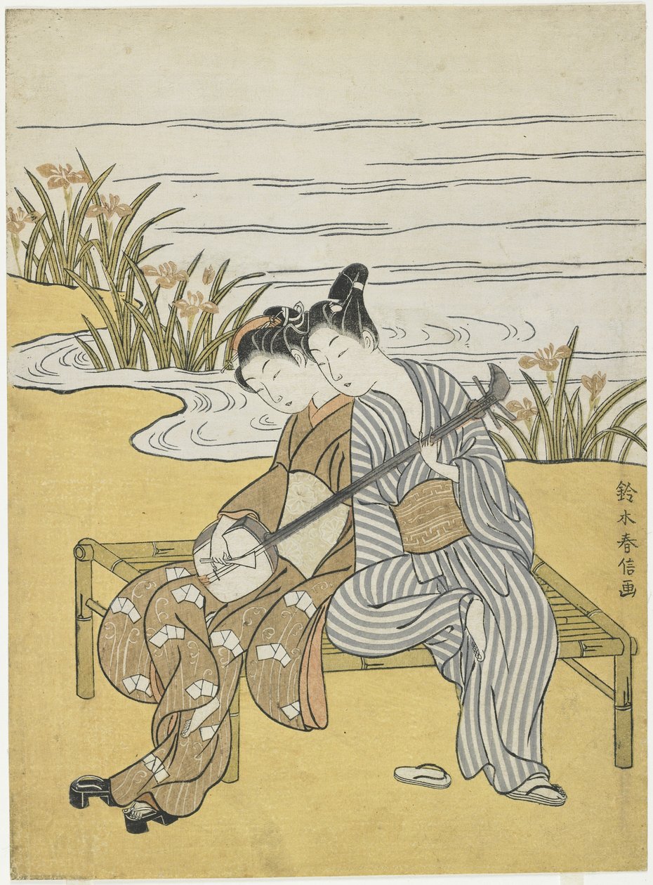 عشاق يلعبون نفس Shamisen كتقليد للإمبراطور Xuanzong و Yang Guifei ، ج. 1767 بواسطة سوزوكي هارونوبو