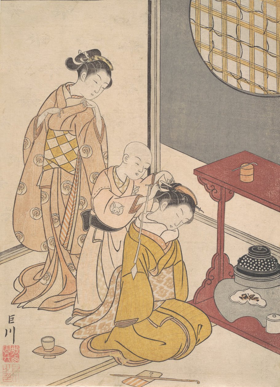 المطر الليلي على الرف المزدوج ، من سلسلة ثمانية Parlor Views Zashiki hakk ...، ca. 1766. بواسطة سوزوكي هارونوبو