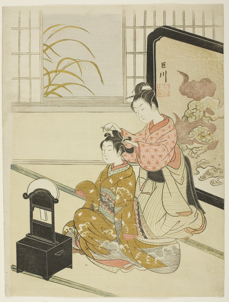 قمر الخريف في المرآة (Kyodai no shugetsu) ، من سلسلة "Eight Views of the Parlor (Zashiki hakkei)" بواسطة سوزوكي هارونوبو