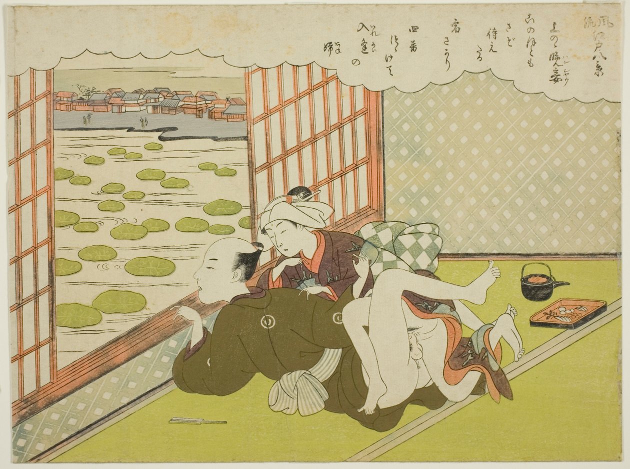 The Evening Mistress at Ueno (Ueno no bansho) ، من سلسلة "ثمانية مناظر عصرية لإيدو (Furyu Edo hakkei)" بواسطة سوزوكي هارونوبو