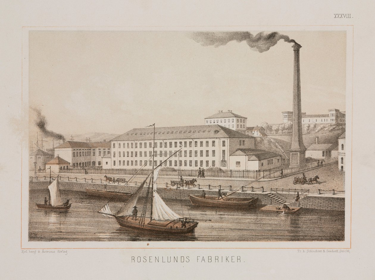 "Rosenlunds Fabriker" (مصنع Rosenlunds) ، Rosenlunds ، ستوكهولم ، السويد ، حوالي 1840 (لون ليثو) بواسطة المدرسة السويدية