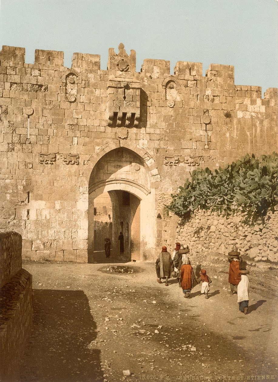 بوابة سانت ستيفنز ، تسمى أيضًا بوابة الأسود ، القدس ، c.1880-1900 (photochrom) بواسطة المصور السويسري