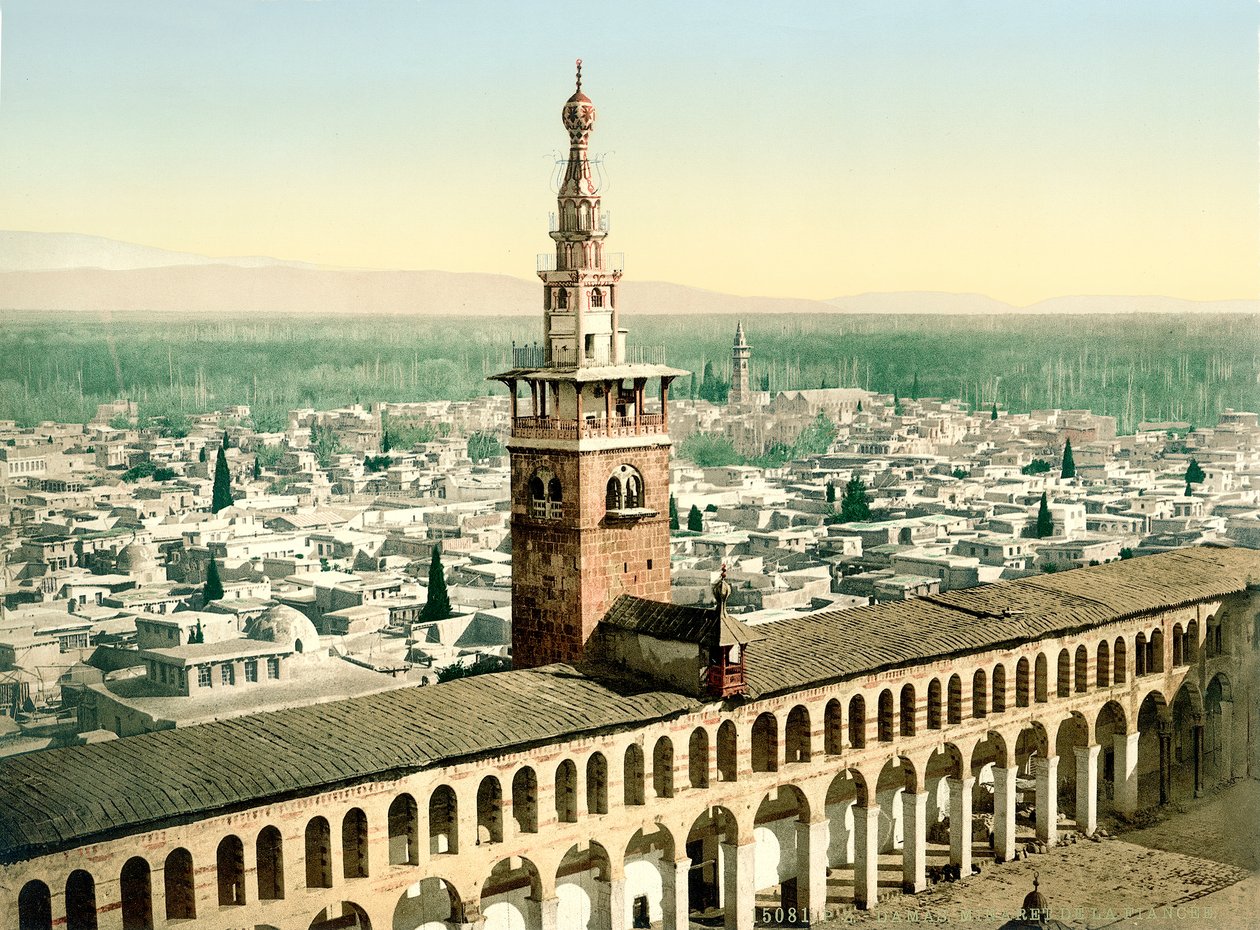 ما يسمى بمئذنة خطيبة المسجد الأموي الكبير في دمشق ، 1880-1900 (photochrom) بواسطة المصور السويسري