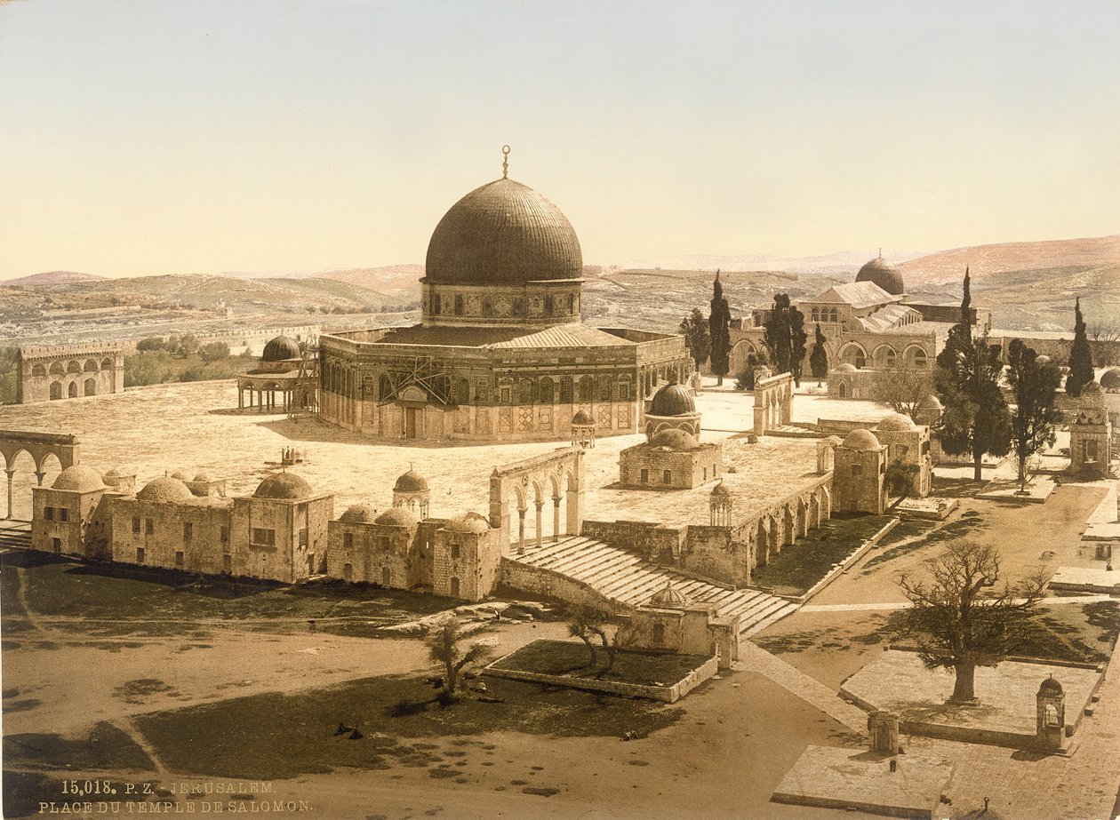 منظر لجبل الهيكل مع قبة الصخرة والمسجد الأقصى ، القدس ، 1880-1900 (photochrom) بواسطة المصور السويسري
