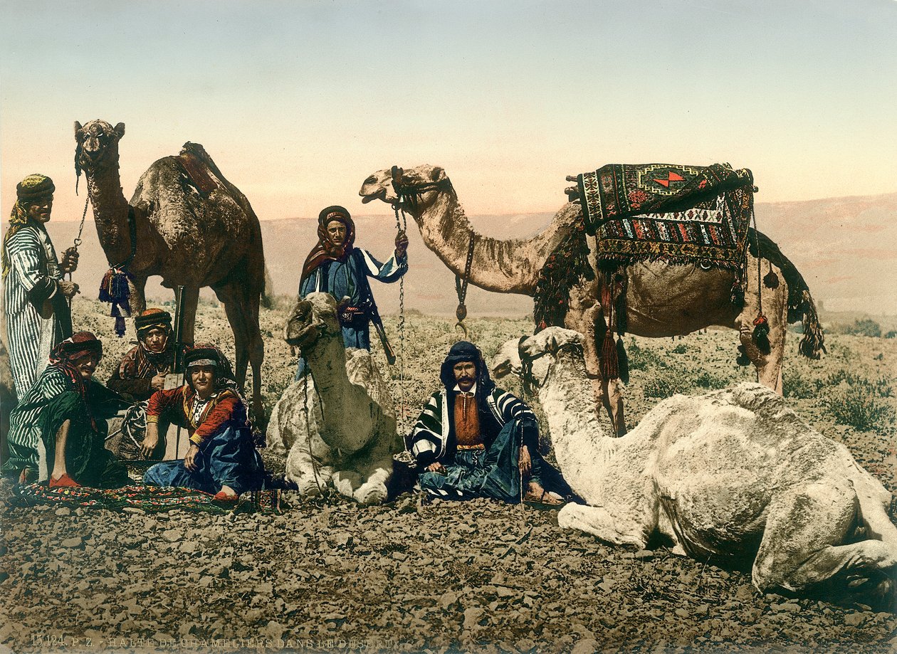 يرتدي المسافرون الغربيون البدو ومرشديهم مع الإبل في وادي الأردن ، 1880-1900 (الفوتوكروم) بواسطة المصور السويسري