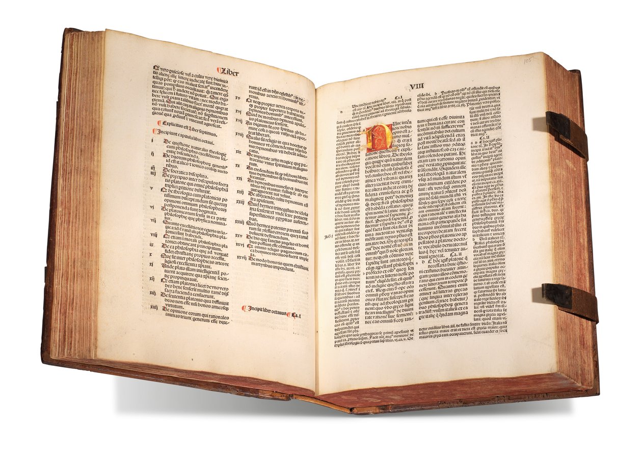 De civitate Dei ، مع تعليق من قبل توماس واليس (توفي قبل 1349) ونيكولاس تريفيت (1258؟ -1328) ، بقلم أوغسطين من هيبو ، طُبع عام 1489 (ورق) بواسطة المدرسة السويسرية