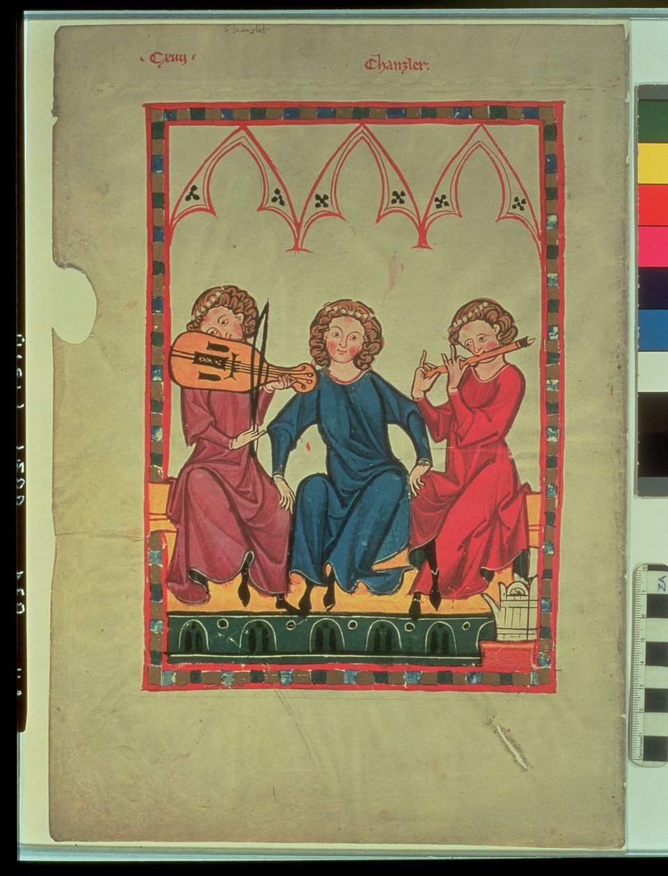 الموسيقيون ، من Manasse Codex ، مجموعة من أغاني الحب المحكمة ، c.1300-20 بواسطة المدرسة السويسرية