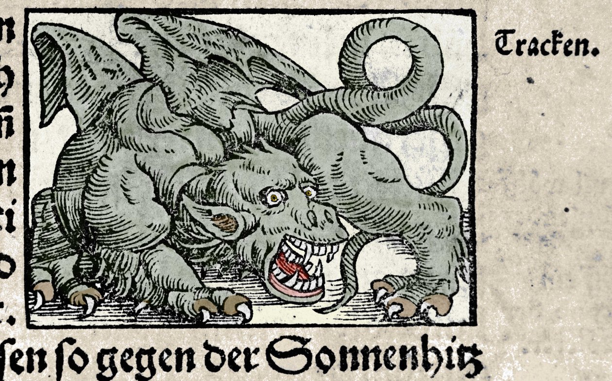 تمثيل تنين: نقش من كتاب يوهان ستومبف “Den Edlen Strengen Beste Fromen”. 1550 بواسطة المدرسة السويسرية