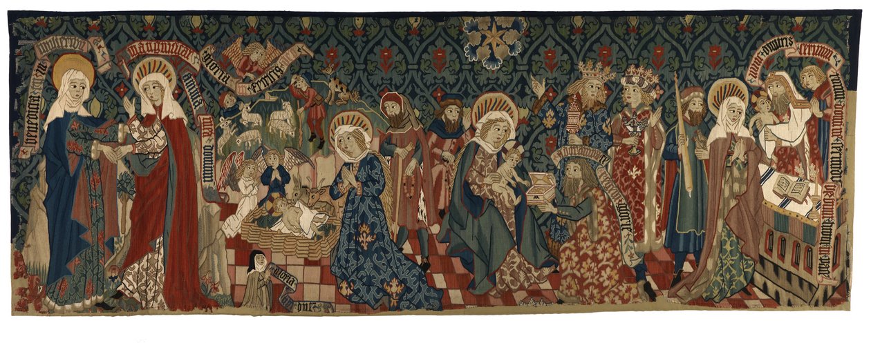 نسيج ظهري يصور أربعة مشاهد من حياة العذراء، من بازل، حوالي 1450-1475 (خيوط من الصوف والكتان الأبيض) بواسطة المدرسة السويسرية