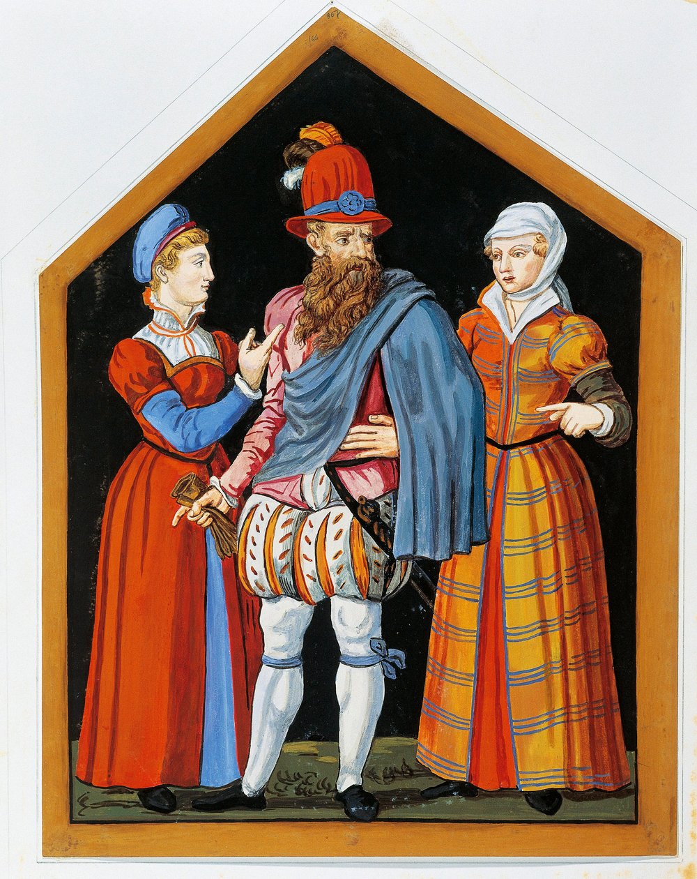 “Two prostitutes and the pimp” Anonymous painting of the 16th century (painting) بواسطة المدرسة السويسرية