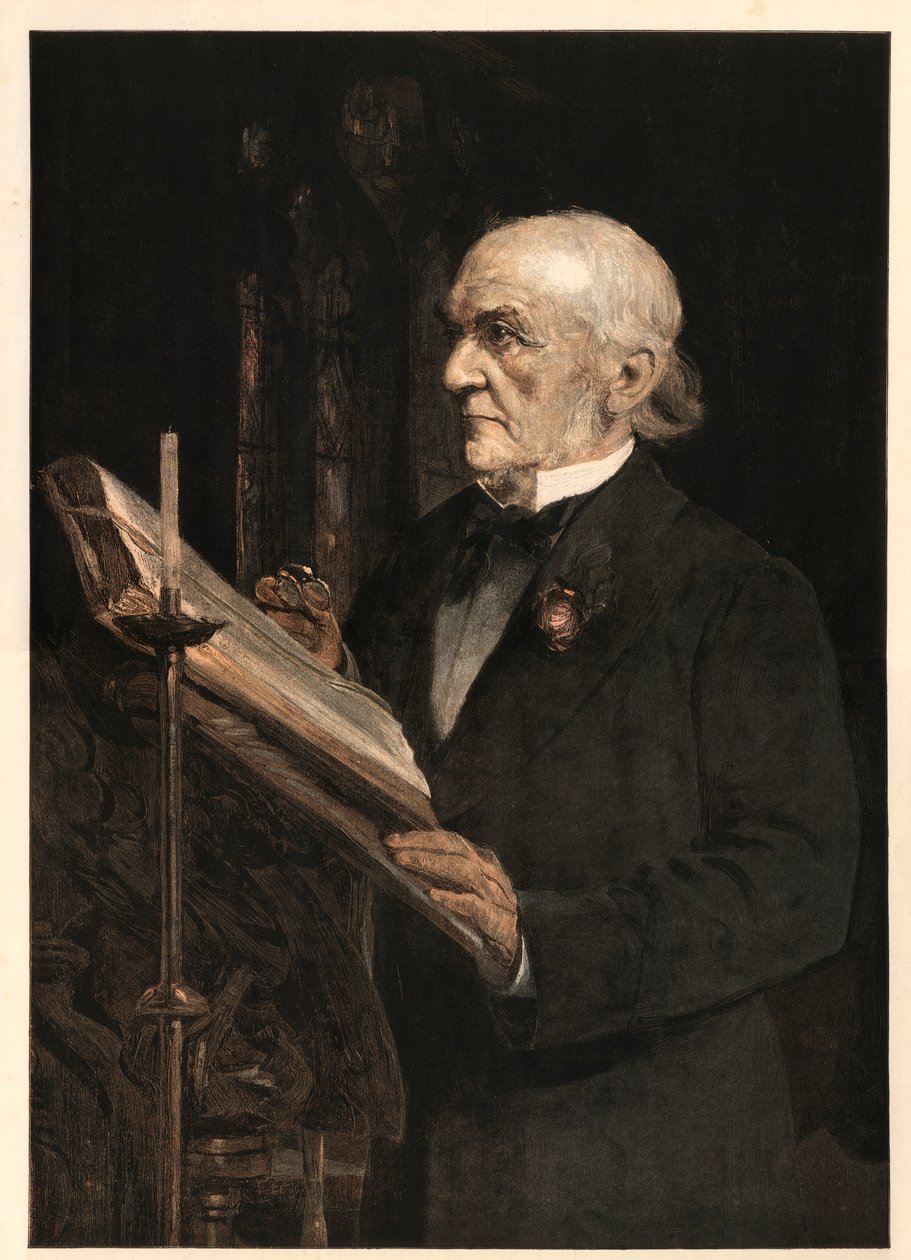وليام إيوارت غلادستون (1809-1898) رجل دولة إنجليزي ، يقرأ الدرس في كنيسة هاواردن. بواسطة سيدني قبل بعد القاعة