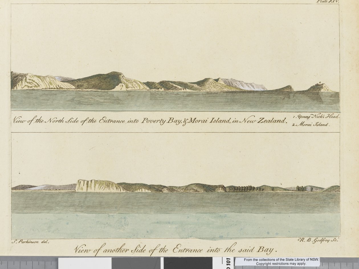 رسم توضيحي من مجلة رحلة إلى البحار الجنوبية: في سفينته جلالة الملكة ، انديفور ، 1794 (نقش يدوي) بواسطة سيدني