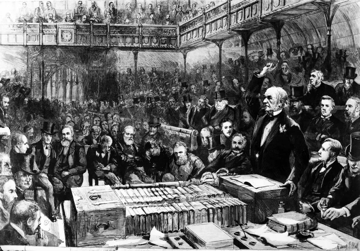 مناقشة حكم المنزل في مجلس العموم - ثقب غلادستون ، صورة توضيحية من "الرسم" ، 1886 بواسطة قاعة سيدني بريور