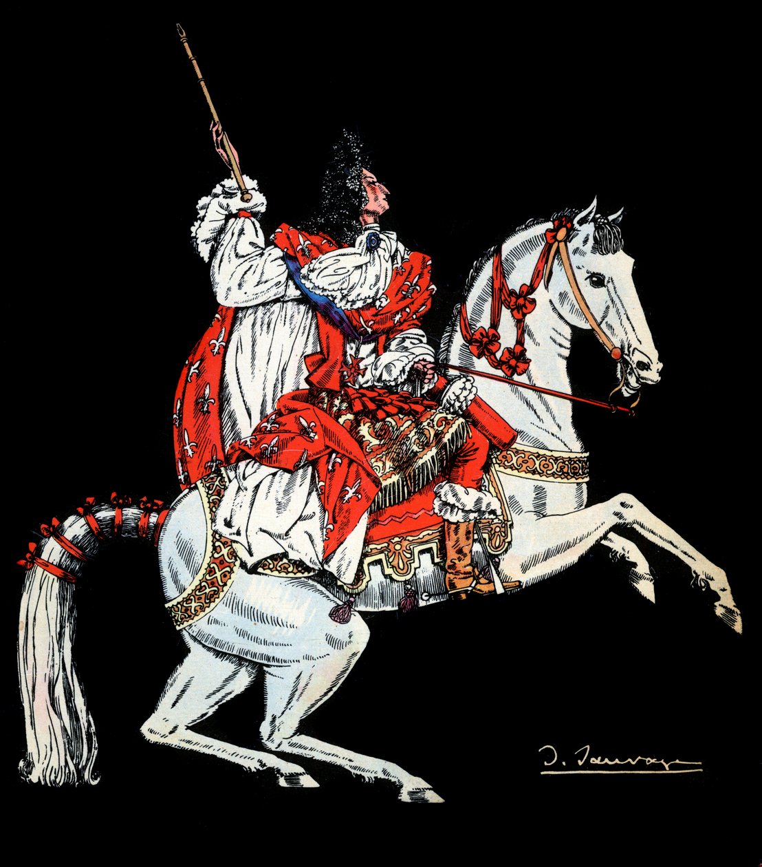 صورة الفروسية لويس الرابع عشر (1638-1715) ملك فرنسا - رسم توضيحي لسيلفين سوفاج (1888-1948) لكتاب "لويس الرابع عشر" لفرانتس فونك-برينتانو (1862-1947) لعام 1938 - تنبيه! استخدام ثي بواسطة سيلفان سوفاج