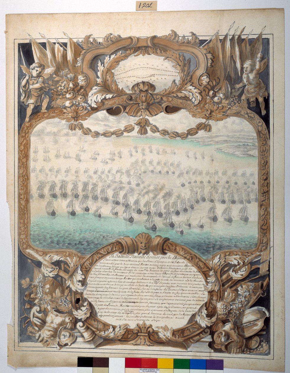 Naval Battle given near Agouste, 22nd April 1676 (black ink & mapping pen with watercolor on paper) بواسطة سيلفان بونيه