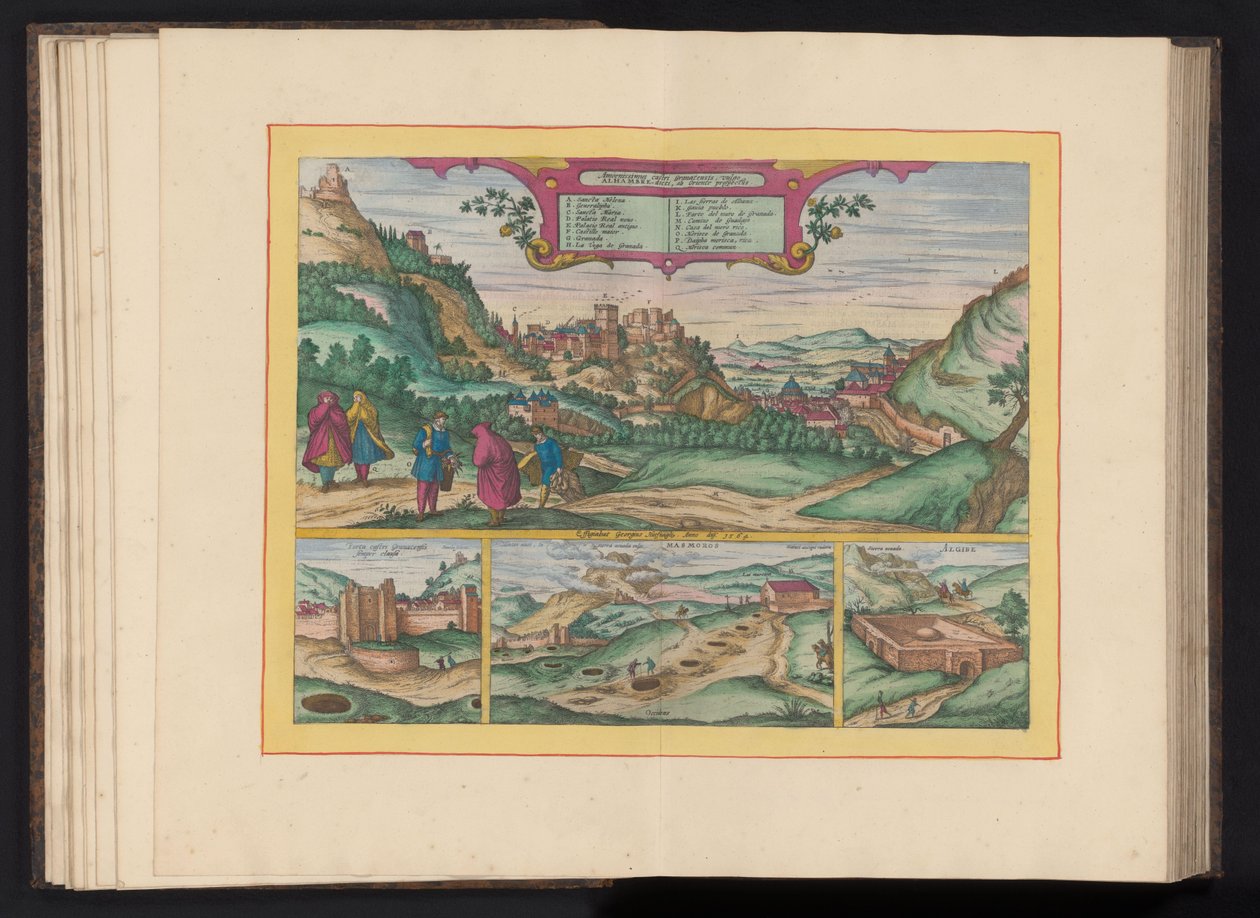 Gezicht op het Alhambra en de stad Granada أجمل قلعة في غرناطة ، تُعرف عمومًا بقصر الحمراء ، تُشاهد من الشرق (العنوان على الجسم) بواسطة سيمون نوفيلانوس (ربما)