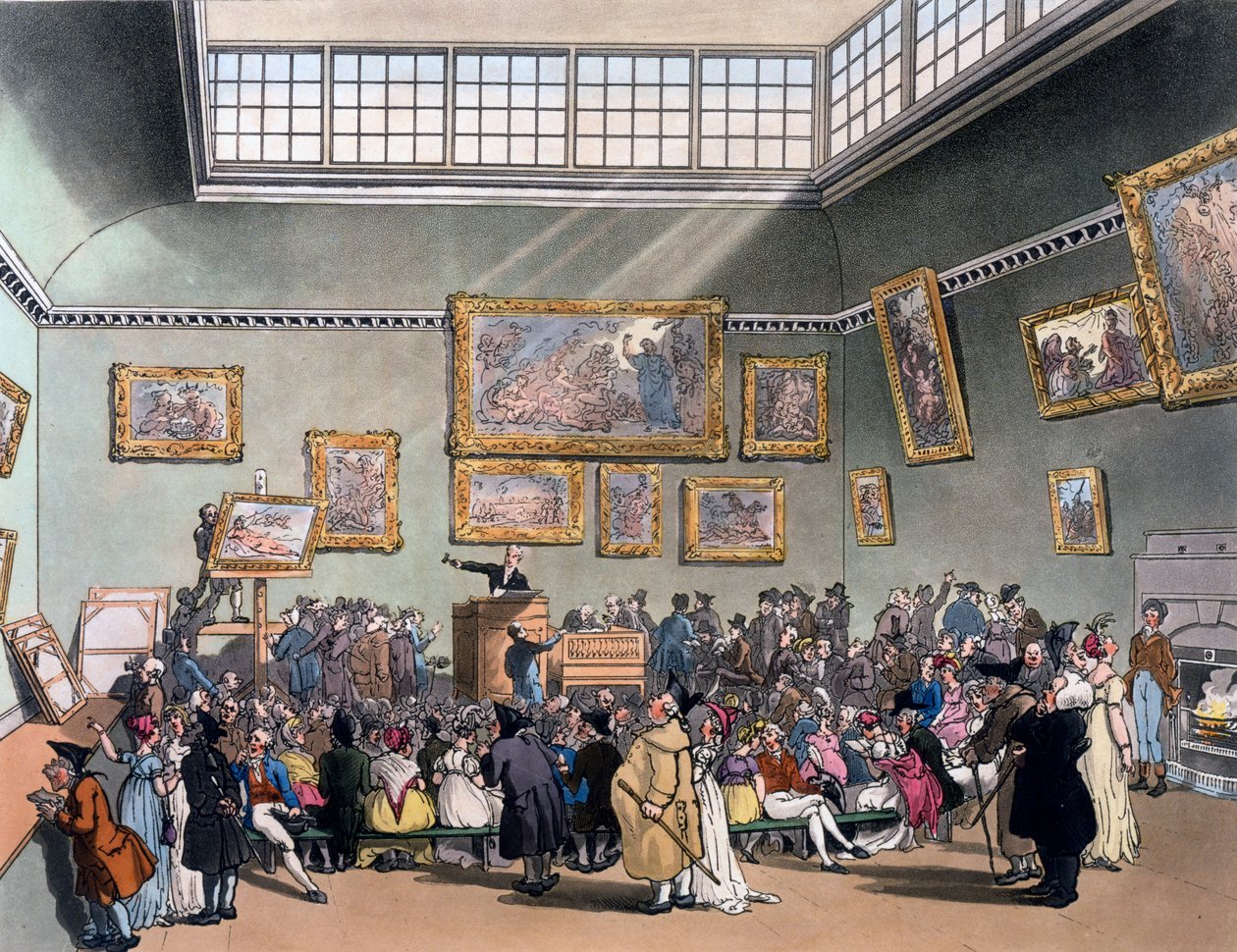 غرفة مزاد كريستي ، رسم توضيحي من "صورة مصغرة من لندن" بقلم آر أكرمان ، 1808 بواسطة بوجين ورولاندسون