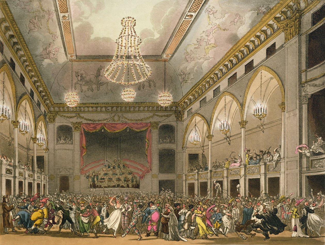 بانثيون حفلة تنكرية من فيلم "Ackermann&39;s Microcosm of London" ، منقوش بواسطة جون بلوك (fl.1791-1831) تم نشره عام 1800 (aquatint) بواسطة بوجين ورولاندسون