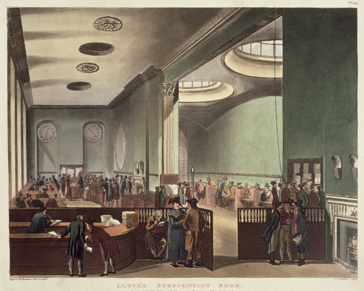 رويال إكستشينج ، غرفة لويدز للاشتراك ، من فيلم Macrocosm of London في أكرمان ، 1809 (ألوان مائية) بواسطة بوجين ورولاندسون