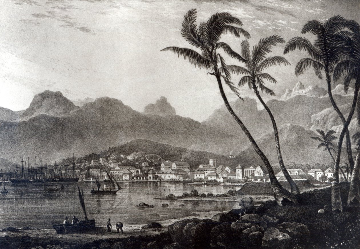 بورت لويس من "مناظر في موريشيوس" من تأليف برادشو ، نقشها ويليام رايدر ، 1831 بواسطة ت. برادشو
