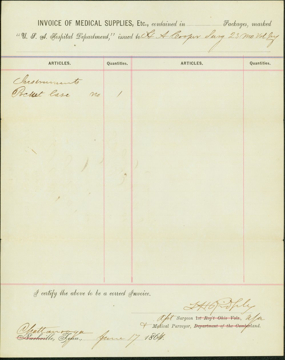 سرد الإمدادات الصادرة إلى HA Cooper ، جراح مشاة المتطوعين الثالث والعشرين في Missouri بواسطة TH Ridgely