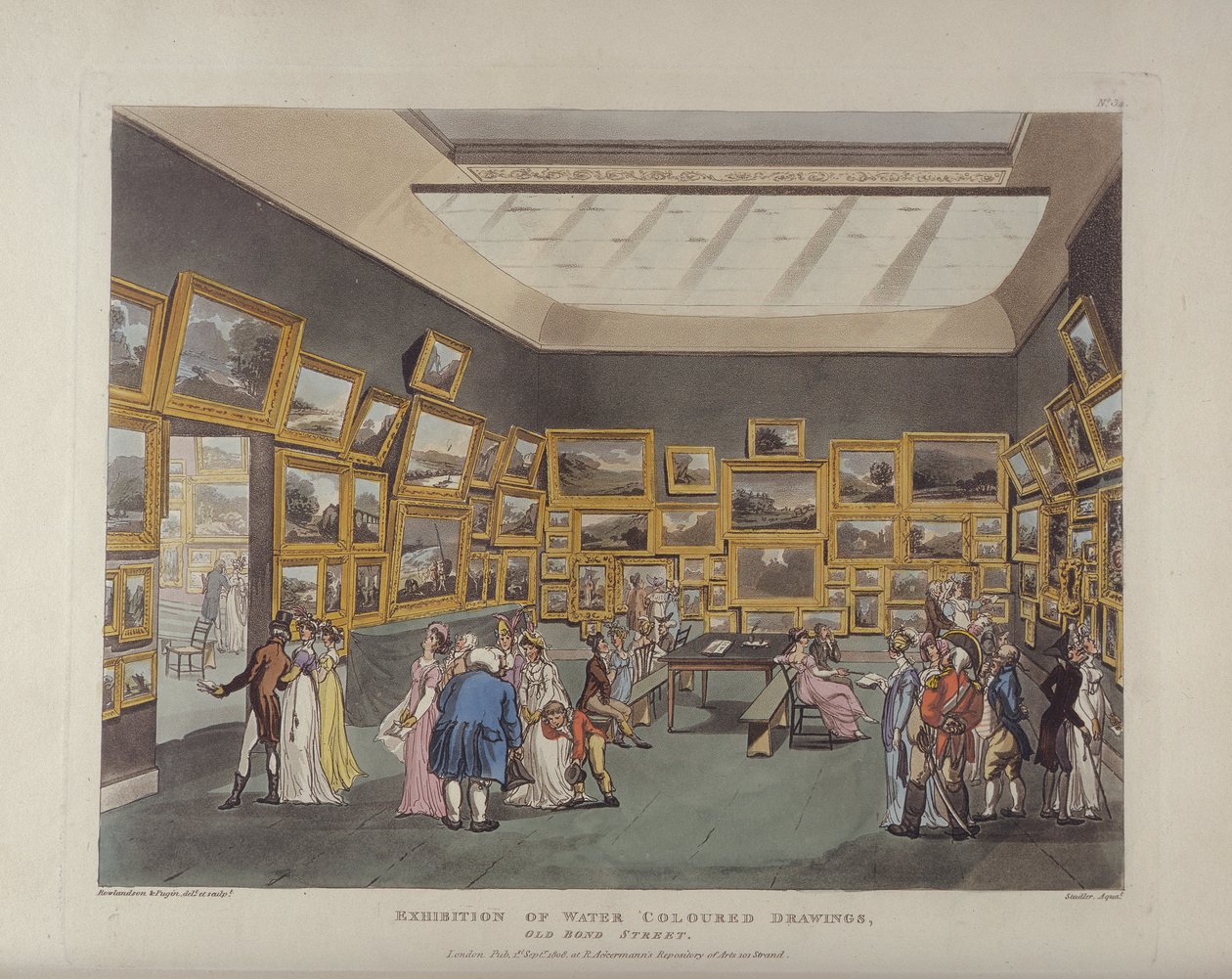معرض رسومات ملونة مائية ، شارع Old Bond Street ، اللوحة 34 ، من Ackermanns Microcosm of London ، أو London in Miniature ، نشره Rudolph Ackermann (1764-1834) منقوش بواسطة جوزيف كونستانتين بواسطة ت وبوجين رولاندسون