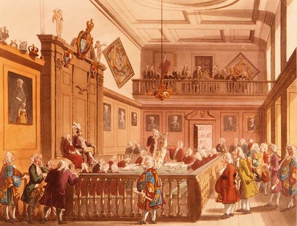 ال محكمة الفروسية في جلسة في محكمة إيرل مارشال في كلية الأسلحة من Ackermanns Microcosm of London ، 1809 بواسطة ت وبوجين رولاندسون