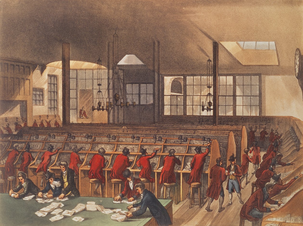 مكتب البريد ، من Ackermanns Microcosm of London ، المجلد الثاني ، حانة. 1809 بواسطة ت وبوجين رولاندسون