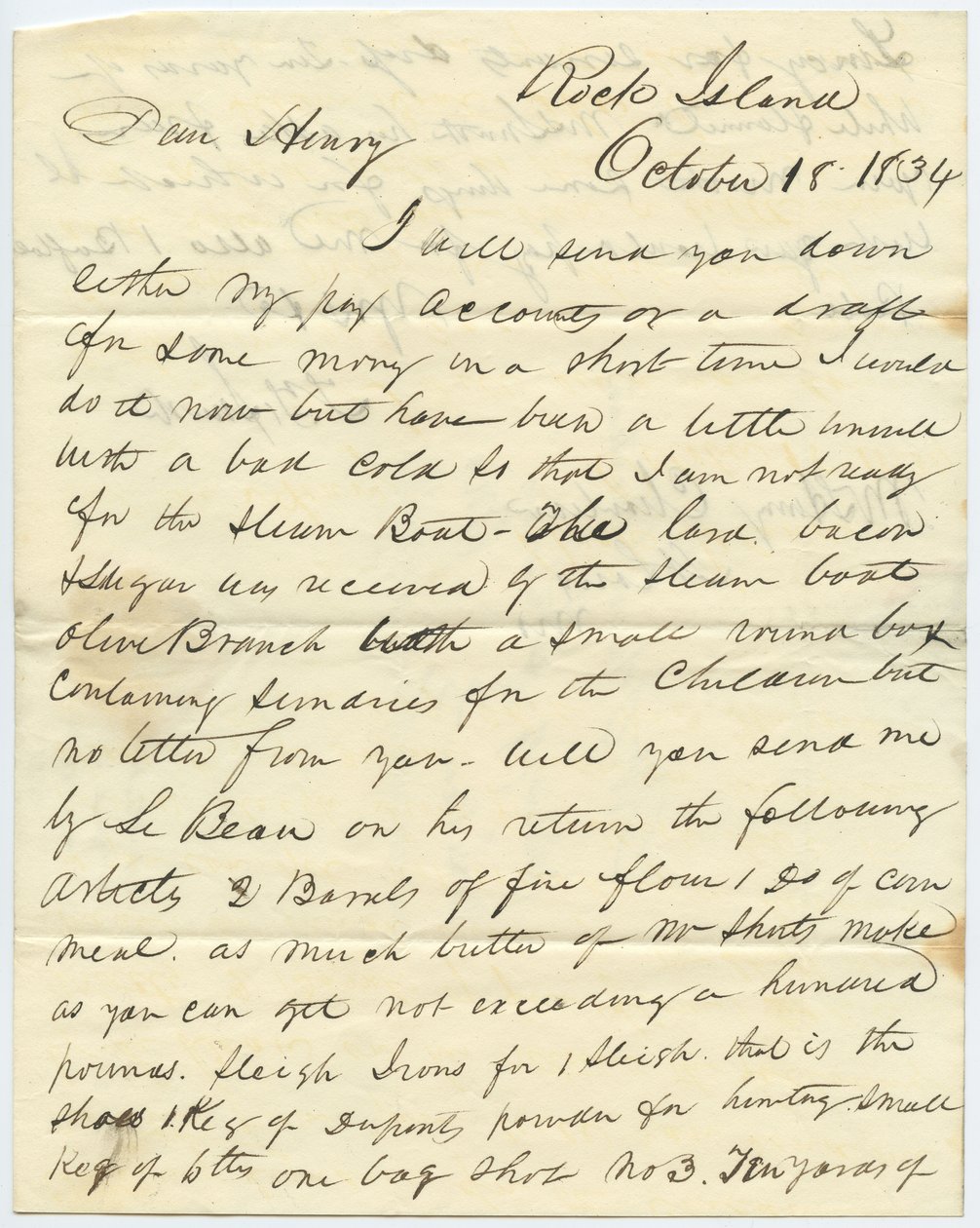 وقعت الرسالة TF Smith ، Rock Island ، إلى Henry Chouteau ، St. Louis ، Mo. ، 18 أكتوبر ، 1834 بواسطة TF سميث