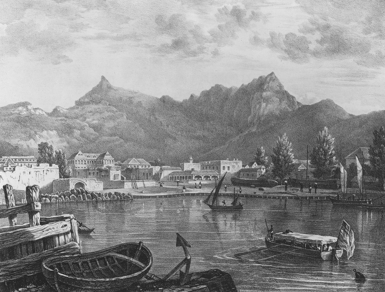 بورت لويس ، موريشيوس ، من الجانب الشرقي من الميناء ، حوالي 1830 (طباعة حجرية) بواسطة ت. (بعد) برادشو