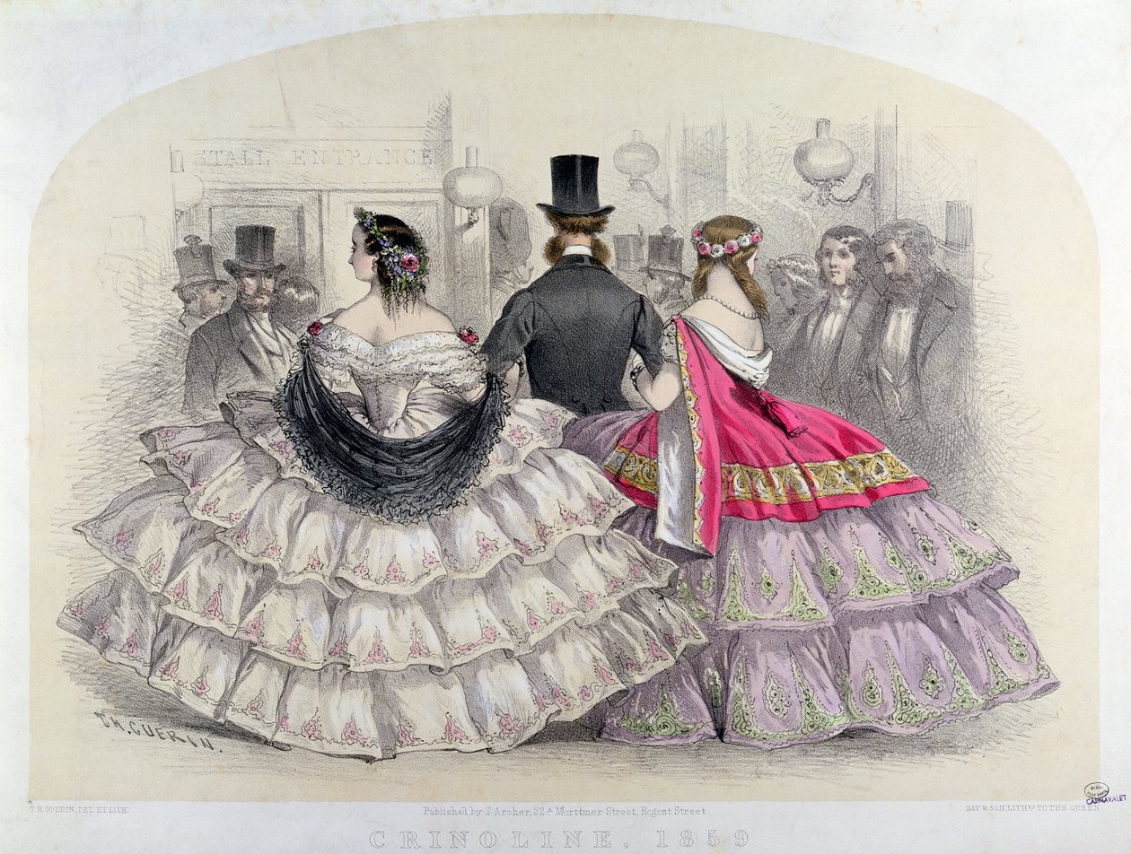 السيدات يرتدين الكرينولين في الأوبرا الملكية الإيطالية ، كوفنت غاردن ، 1859 (نقش الألوان) بواسطة TH Guerin