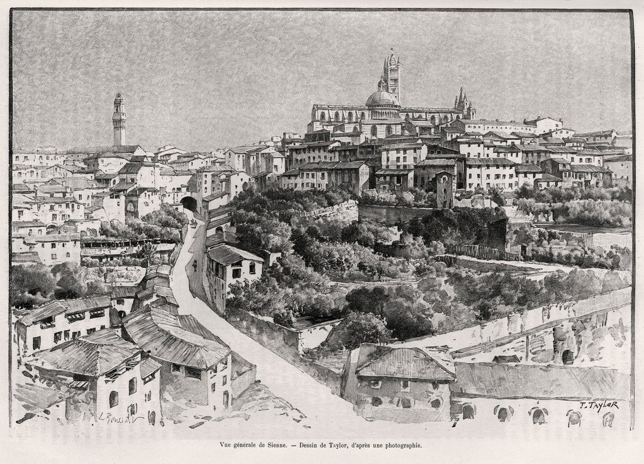 منظر عام لسيينا (إيطاليا). نقش تايلور لتوضيح قصة "A travers la Tuscane" ليوجين مونتز (1845-1902) ، في لو تور دو موند 1892 ، من إخراج إدوارد شارتون (1807-1891) ، هاشيت ، باريس. بواسطة تي تايلور