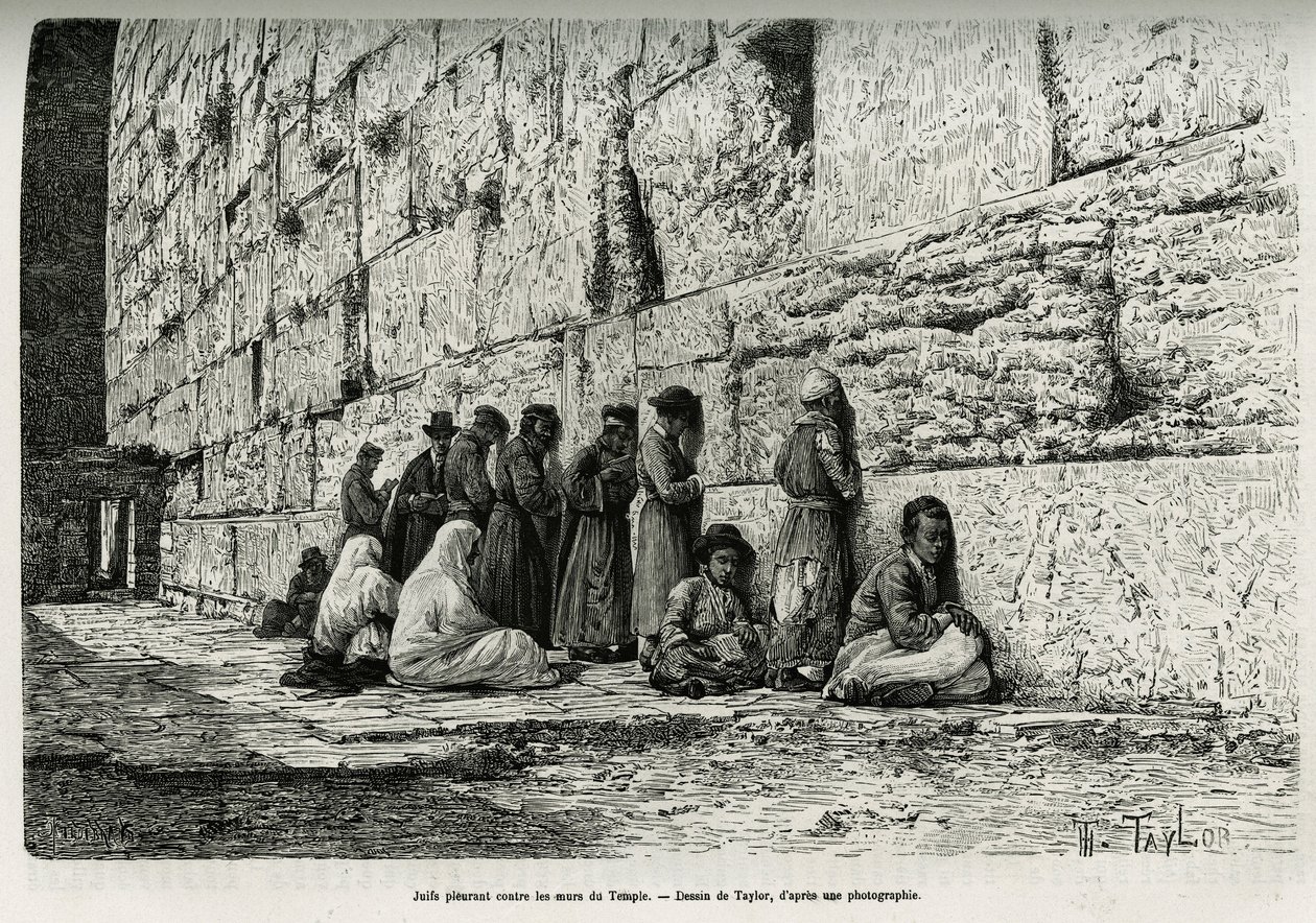 اليهود يبكون على جدران الهيكل (حائط النحيب). نقش تايلور لتوضيح La Syria d'aujourd'hui ، بقلم M. Lortet ، عميد كلية الطب في ليون ، المكلف بمهمة علمية من قبل وزارة التعليم العام ، ينشر بواسطة تي تايلور