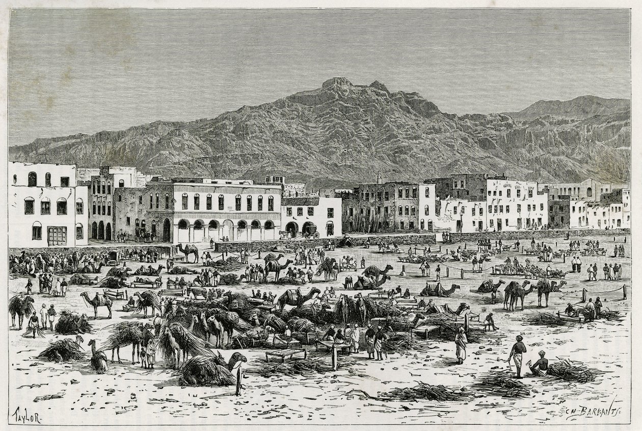 مسيرة عدن (اليمن). نقش تايلور لتوضيح قصة "رحلة إلى بنادير والصوماليين والبيون" ، 1882-1883 ، بواسطة MGRevoil. نُشرت في Le Tour du monde، nouveau journal des voyages بواسطة تي تايلور