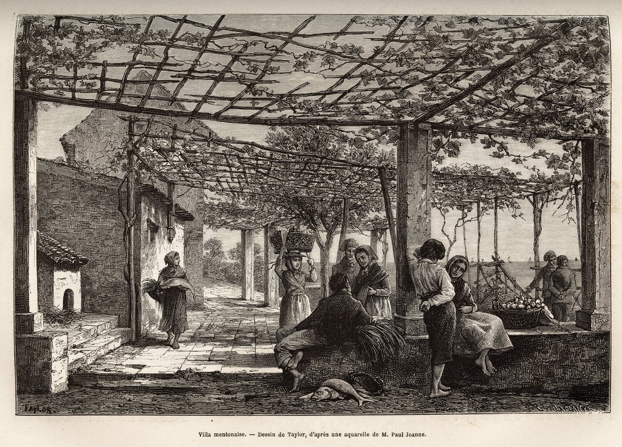 فيلا مينتون ، نقش بعد رسم تايلور ، يوضح رحلة مينتون وبوردغييرا ، في عام 1871 ، بواسطة أدولف جوان ، نُشر في "Le tour du monde" "1874 ، تحرير إدوارد شارتون ، طبعة Hachette ، باريس. مجموعة سيلفا. بواسطة تي تايلور