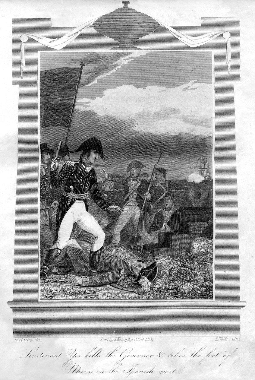 يقتل الملازم يو الحاكم ويأخذ حصن موروس على الساحل الإسباني ، 1816 بواسطة T. Wallis