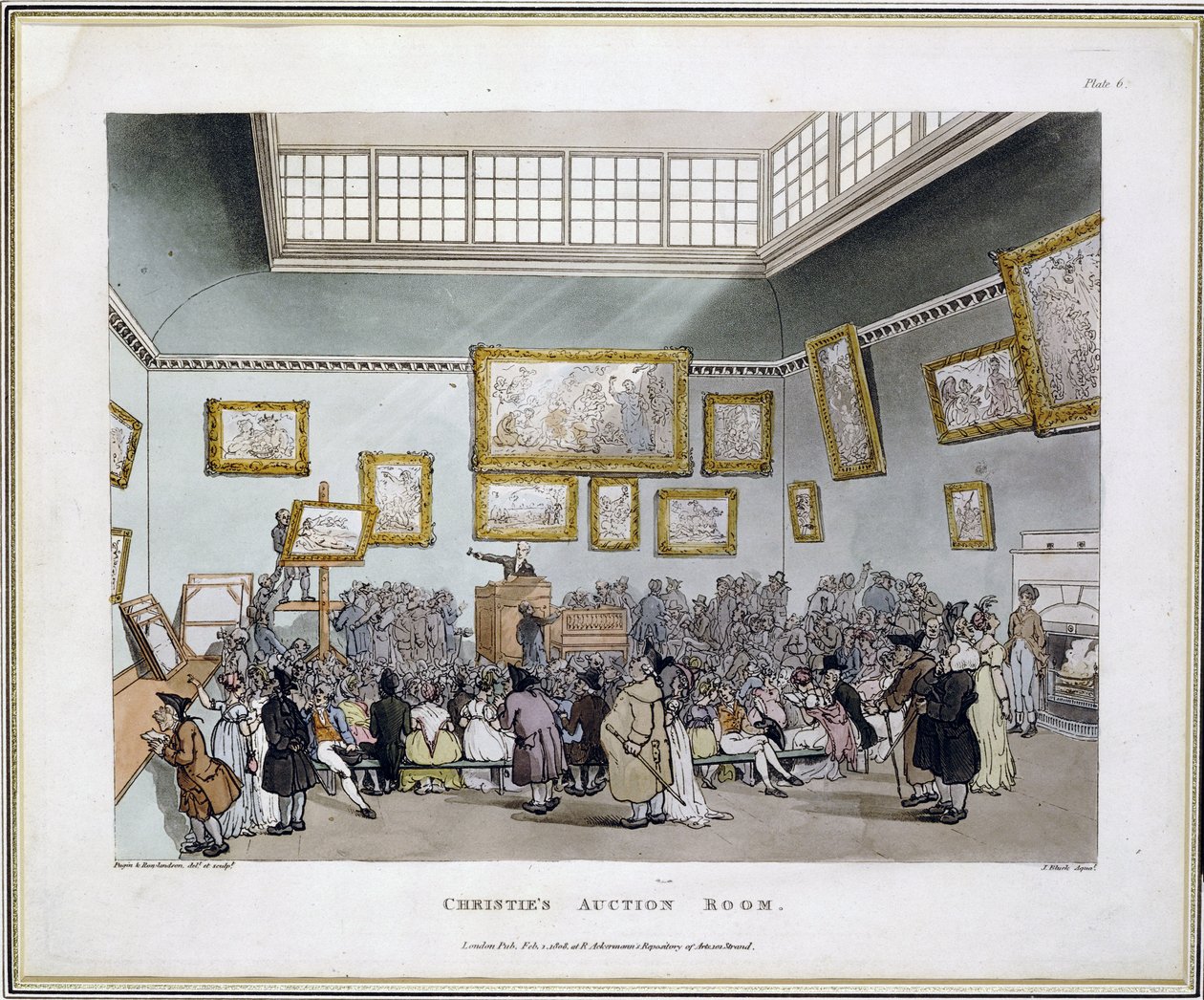 غرفة مزادات كريستيز ، من "Microcosm of London" بقلم ج. بلوك ، نشره آر. أكرمان بواسطة تي وبوجين إيه سي رولاندسون
