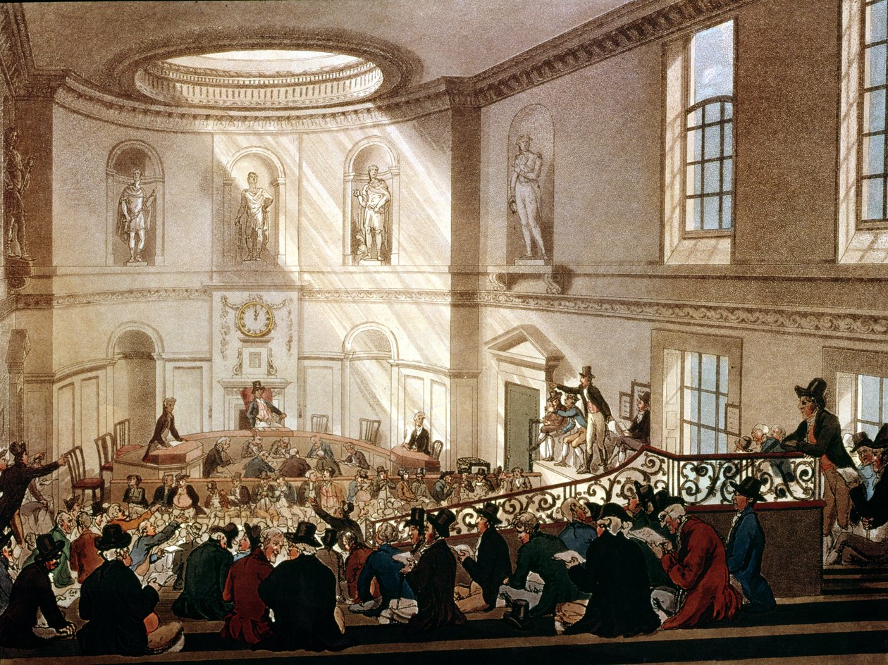 إنديا هاوس ، غرفة البيع ، من Ackermanns Microcosm of London ، منقوش بواسطة جوزيف قسطنطين ستادلر (fl.1780-1812) ، 1808 (aquatint) بواسطة ت وبوجين رولاندسون