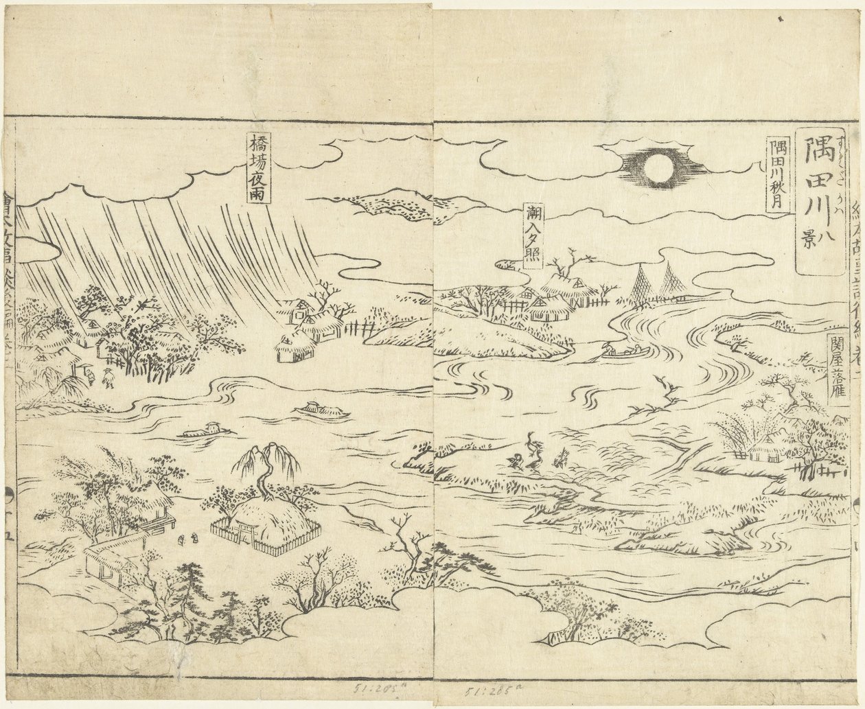 ثمانية مناظر لنهر سوميدا Sumidagawa hakkei (العنوان على الكائن) Ehon Kojidan (عنوان المسلسل على الكائن) بواسطة تاتشيبانا موريكوني