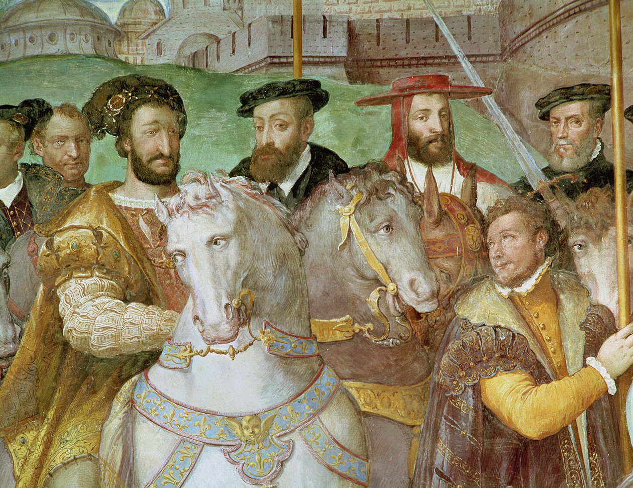 تفاصيل من المدخل الرسمي للإمبراطور تشارلز الخامس (1500-58) ، وفرانسيس الأول (1494-1547) وأليساندرو فارنيس (1546-1592) إلى باريس في 1540 ، من "سالا دي فاستي فارنيز" ، 1557-66 (تفاصيل بواسطة فيديريكو زوكارو