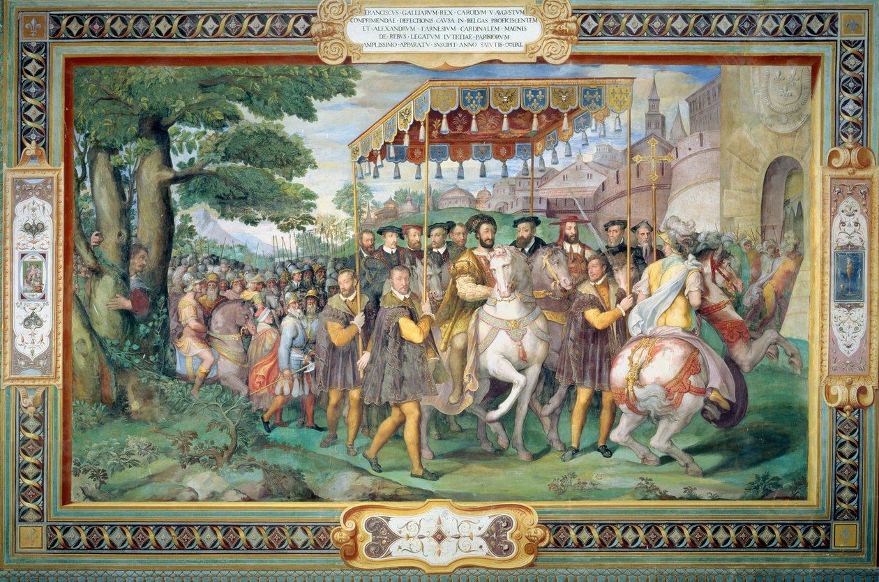 فرانسيس الأول (1494-1547) وأليساندرو فارنيسي (1546-1592) دخول باريس عام 1540 ، من "قاعة روعة الفرنيز" (Sala dei Fasti Farnese) 1557-66 بواسطة فيديريكو زوكارو