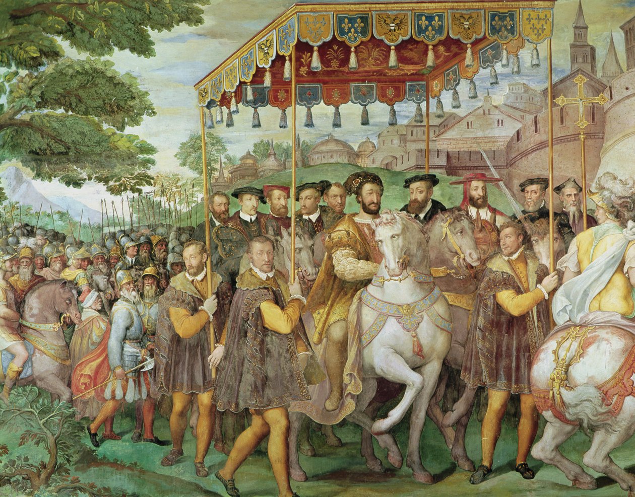 المدخل الرسمي للإمبراطور تشارلز الخامس (1500-58) ، وفرانسيس الأول (1494-1547) وأليساندرو فارنيس (1546-1592) إلى باريس عام 1540 ، من "سالا دي فاستي فارنيز" ، 1557-66 (تفاصيل 133347 ، نرى بواسطة فيديريكو زوكارو