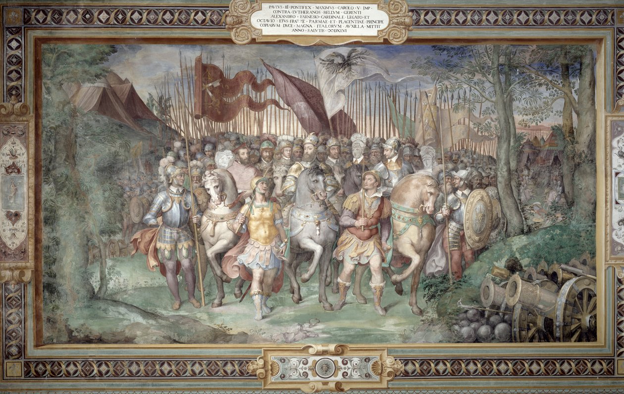 تشارلز الخامس (1500-58) اليساندرو (1546-1592) وأوتافيانو فارنيس يقودان الجيش ضد Landgrave Phillip of Hesse في 1546 من "Sala dei Fasti Farnese" (قاعة روعة Farnese) بواسطة تديو زوكاري
