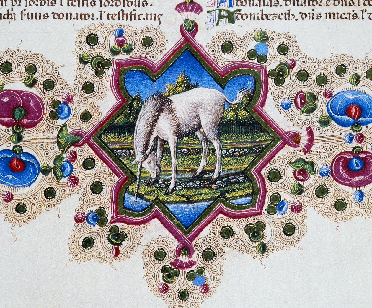 Border frieze at foot of page with unicorn, Volume II f 245, v, Bible of Borso d