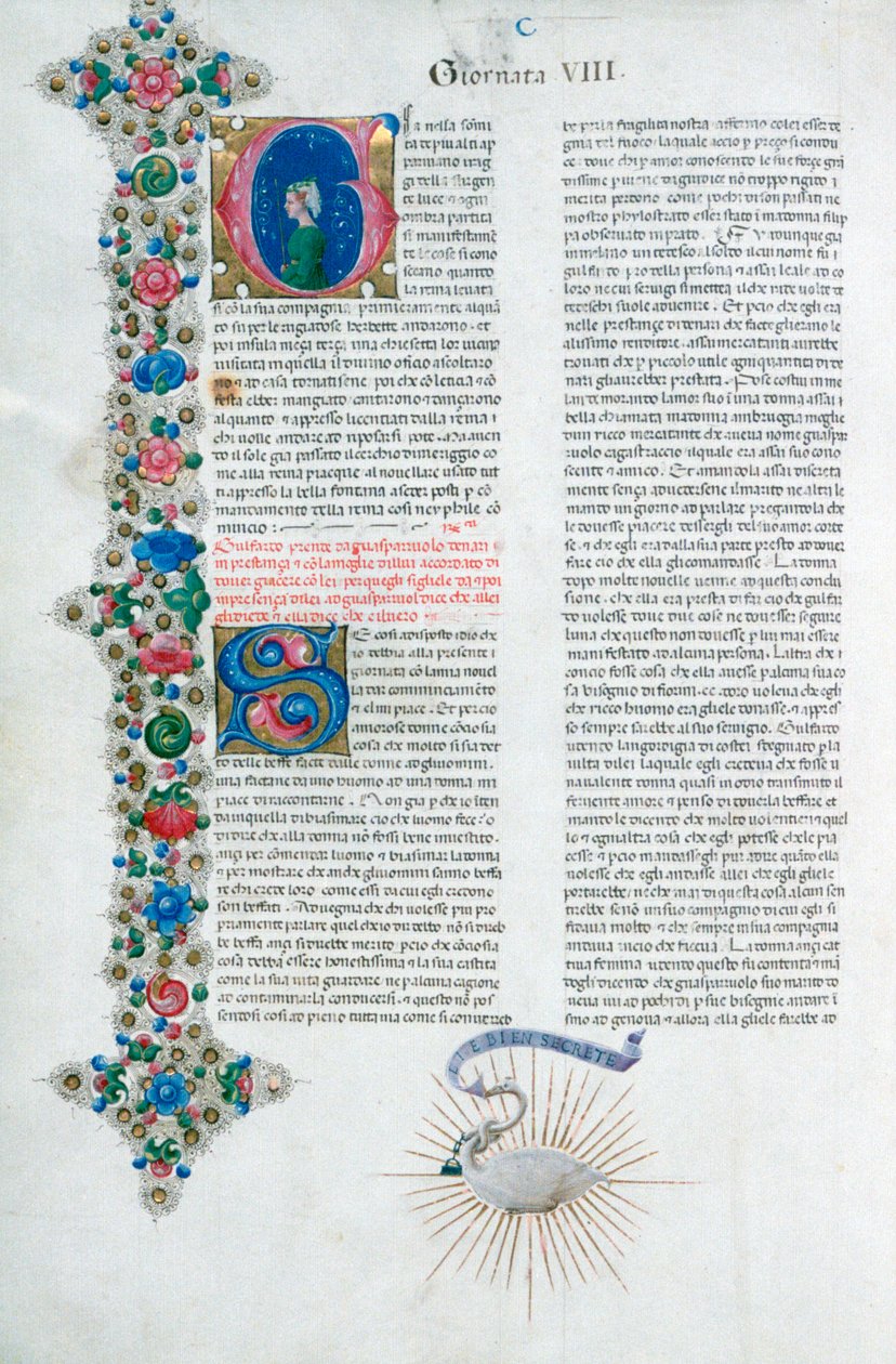 صفحة مخطوطة مضيئة من ديكاميرون ، بقلم جيوفاني بوكاتشيو ، إيطالي ، c1467. بواسطة تاديو كريفيلي