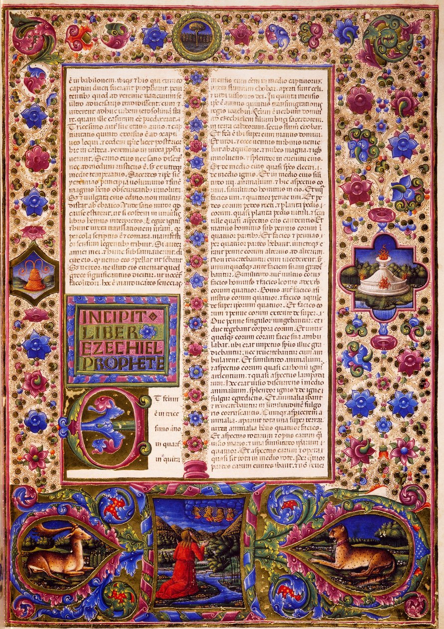 الافتتاحية من كتاب حزقيال ، من المجلد الثاني من الكتاب المقدس لبورسو ديست ، منارة بواسطة تادو كريفيللي (1425-1479) وآخرون ، مخطوطة لاتينية 422-423 ، الصحيفة 56 ، ظهر ، مخطوطة برشمان بواسطة تاديو كريفيلي