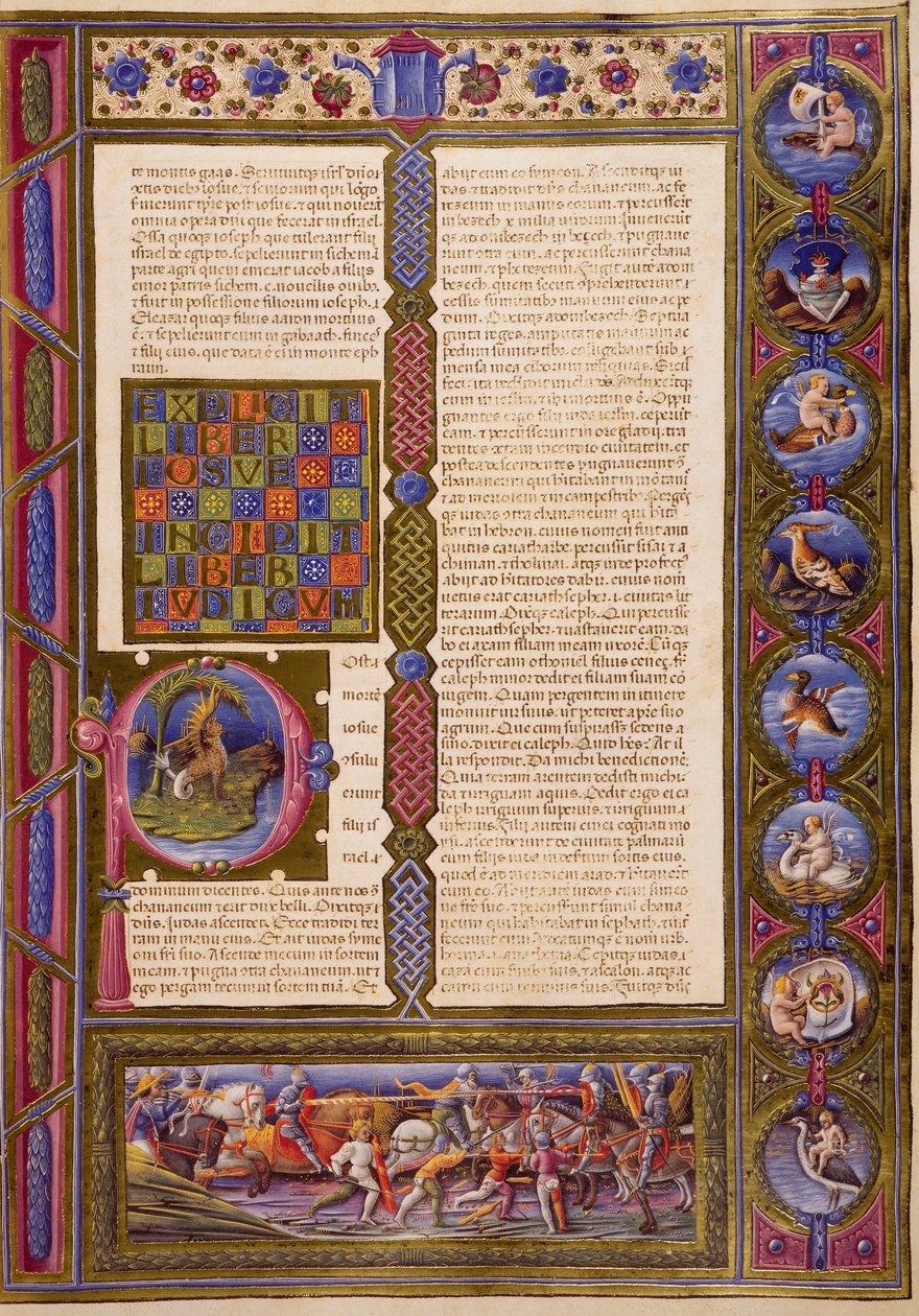 الافتتاحية من كتاب القضاة ، من المجلد الأول من الكتاب المقدس لبورسو ديست ، زخرفه تادو كريفيلي (1425-1479) وآخرون ، مخطوطة لاتينية 422-423 ، الصحيفة 99 ، وجه الصفحة ، ورق برشمان بواسطة تاديو كريفيلي