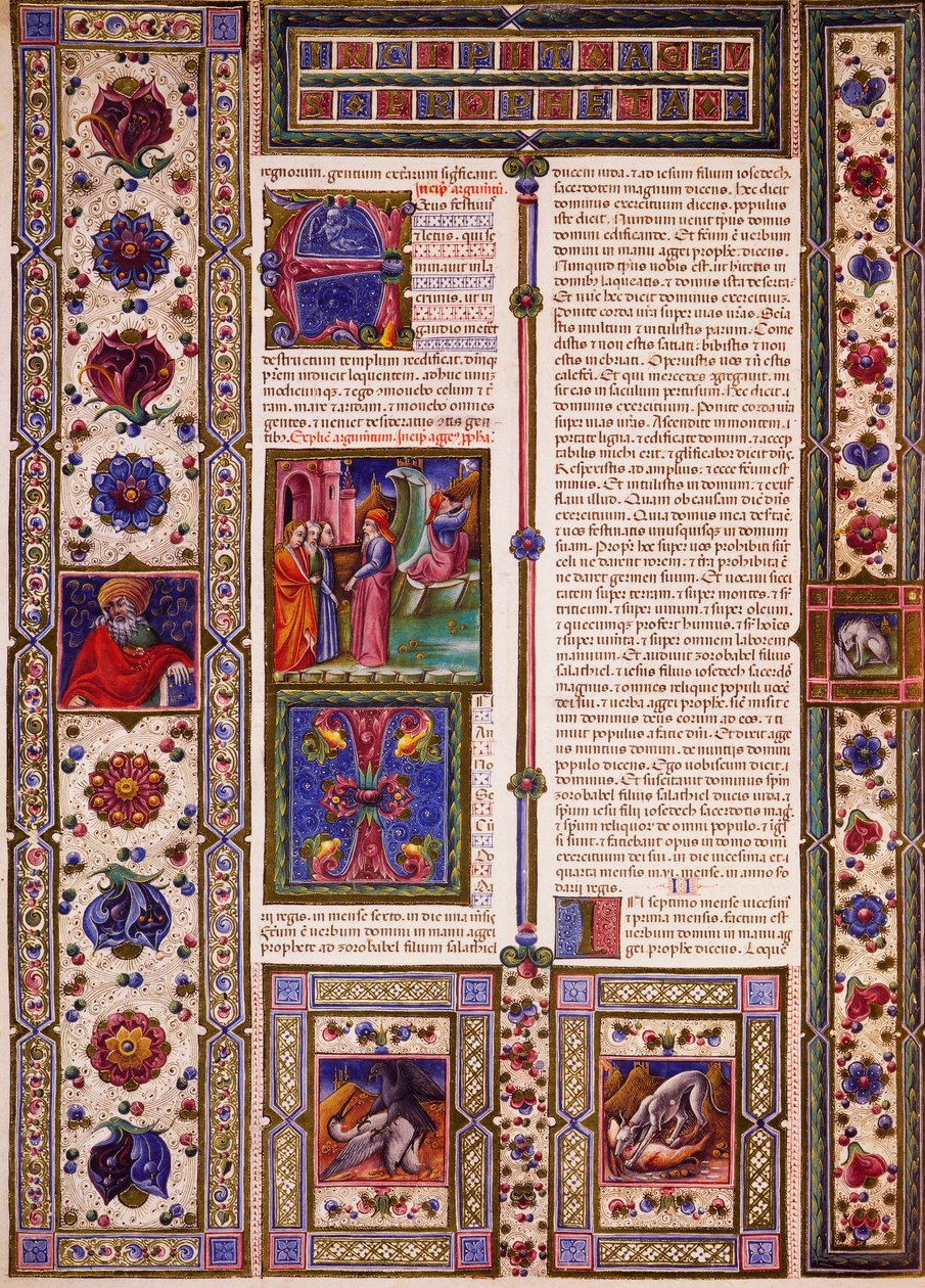بداية من كتاب ناحوم ، من المجلد الثاني من الكتاب المقدس لبورسو ديست ، زخرفه تادو كريفيللي (1425-1479) وآخرون ، مخطوطة لاتينية 422-423 ، الصحيفة 99 ، ظهر ، مخطوطة برشمان بواسطة تاديو كريفيلي